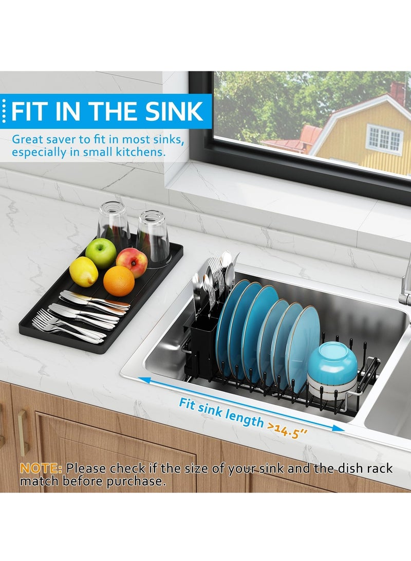 كيلا رف تجفيف الأطباق بالحوض، رف أطباق صغير قابل للتمدد فوق الحوض مع صينية تجفيف من السيليكون، مصفاة أطباق بالحوض لطاولة المطبخ مع حامل أدوات مائدة، رف تجفيف مناسب لحوض المطبخ مقاس 14-19 بوصة - Image 4