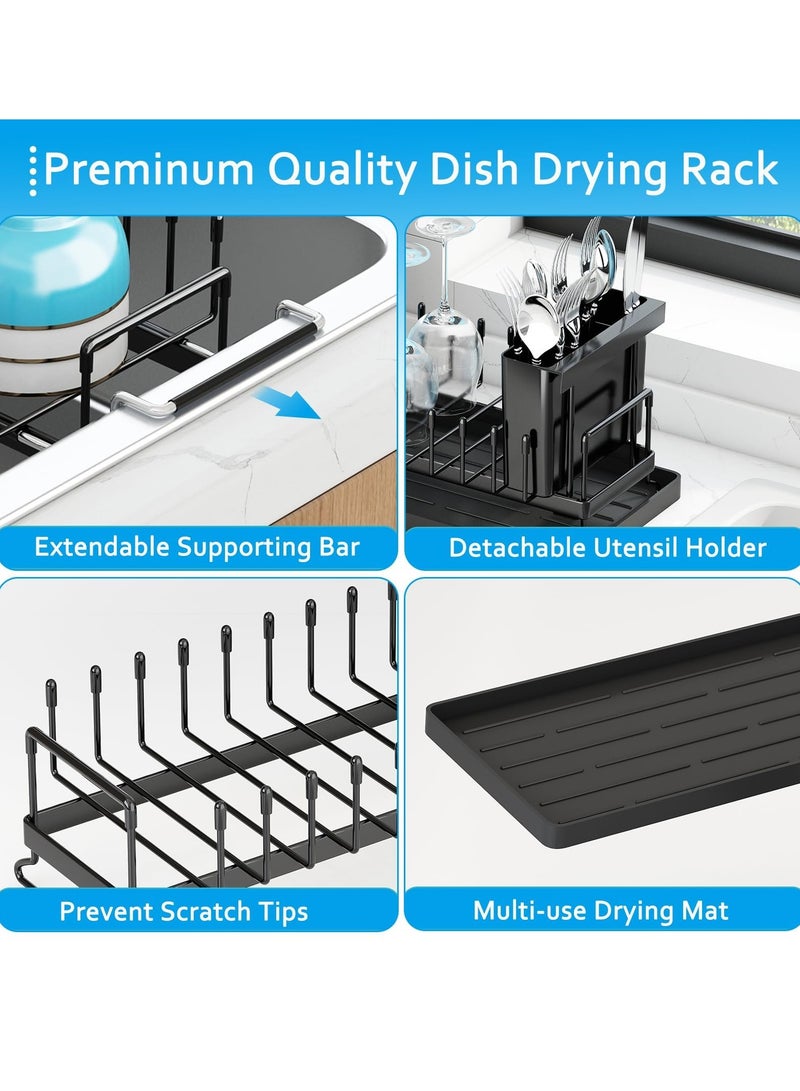 كيلا رف تجفيف الأطباق بالحوض، رف أطباق صغير قابل للتمدد فوق الحوض مع صينية تجفيف من السيليكون، مصفاة أطباق بالحوض لطاولة المطبخ مع حامل أدوات مائدة، رف تجفيف مناسب لحوض المطبخ مقاس 14-19 بوصة - Image 5