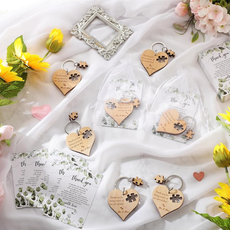 Ecation Wedding Favors for Guests Wood Heart Puzzle Keychains Thank You Cards Gift Bag Bridal Shower Souvenir Gifts(50 Sets) - Image 4