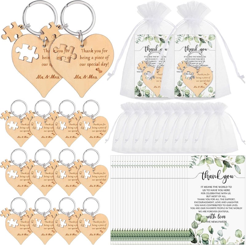 Ecation Wedding Favors for Guests Wood Heart Puzzle Keychains Thank You Cards Gift Bag Bridal Shower Souvenir Gifts(50 Sets) - Image 1