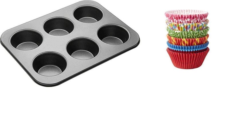 Xacton Combo of Muffin Moulds for Baking Muffin Tray with 100 Pcs Paper Cupcake Liner for Handmade Soap Biscuit Chocolate Mould Carbon Steel Multicolour - Image 1