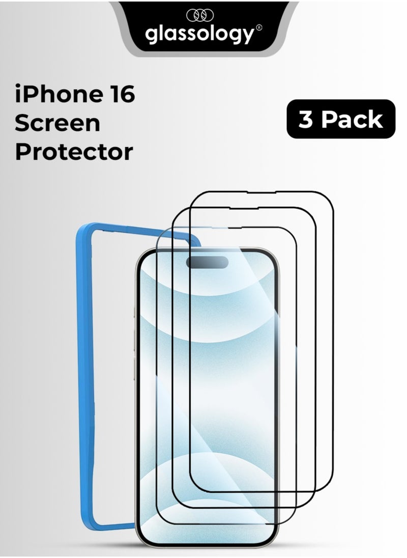 glassology 3Pack Screen Protector for iPhone 16  6.9"  9H+ Unbreakable HD Ultra Clear Tempered Glass Easy Install & Case-Friendly Includes Installer Frame  - Image 1