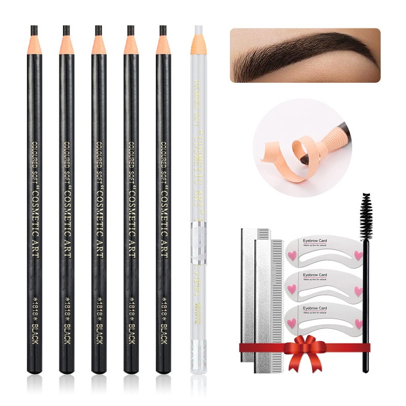 LSxia Waterproof Eye-Brows Pen-cil Set, Pull Cord Peel-off Eyebrow Pencil Microblading Eyebrow Pen Supplies Kit, White Eye-Liner Pencil and Eyebrows Tool Tattoo Makeup For Marking (5+1 Black) - Image 1