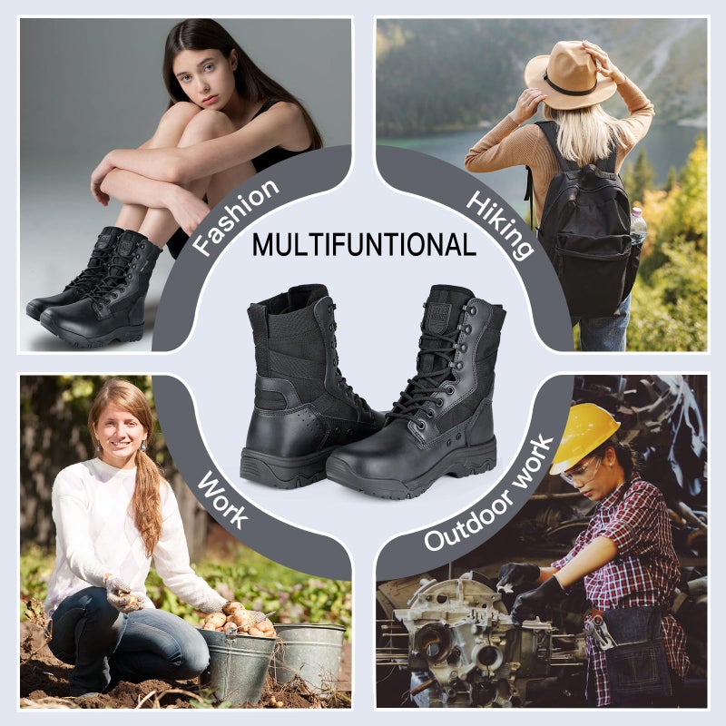 Free Soldier أحذية تكتيكية للنساء من فري سولجر بارتفاع 8 بوصات، حذاء قتال خفيف الوزن، حذاء عسكري متين للعمل في الهواء الطلق، حذاء صحراوي للنساء (أسود داكن 7) - Image 5