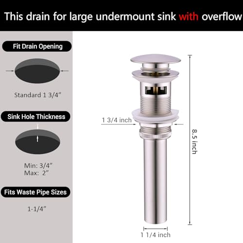 Yodel Faucet Bathroom Sink Drain with Overflow - Big Cap Pop up Drain Fit for Large Undermount Sink with Standard 1 3/4" Drain Opening,Brushed Nickel,YDPOP-3 - Image 5