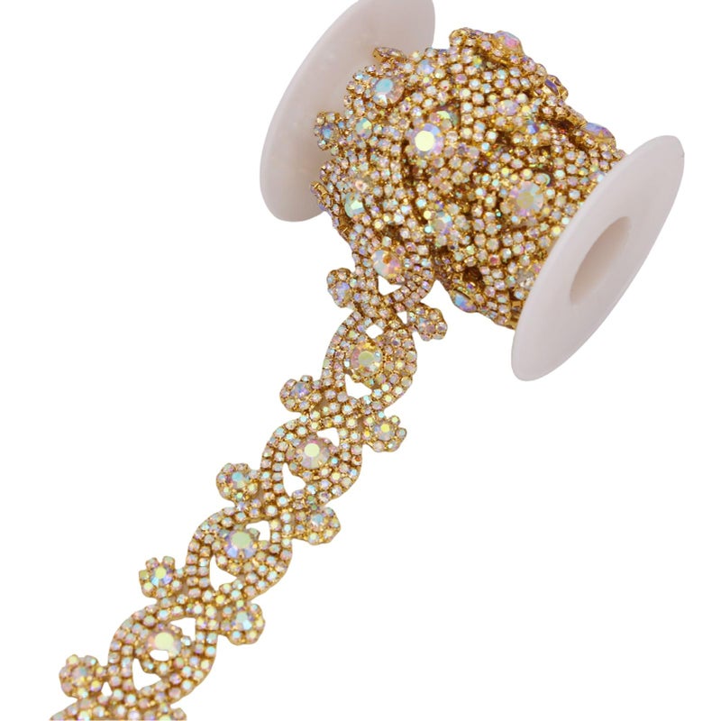 Phicmanlo 1 Yard Crystal Rhinestone Cup Chain Trimming Applique by Roll for Jewelry Making Birthday Cake Topper Bridal Dress Belt Decoration Gold AB