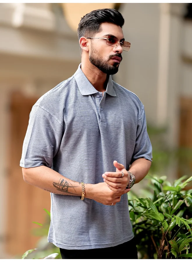 Maniac Maniac Mens Polo Neck 3/4th Sleeve Light Grey Corduroy Fabric Tshirt