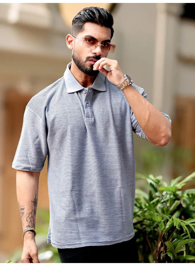 Maniac  Maniac Mens Polo Neck 3/4th Sleeve Light Grey Corduroy Fabric Tshirt for Men | Best Price UAE