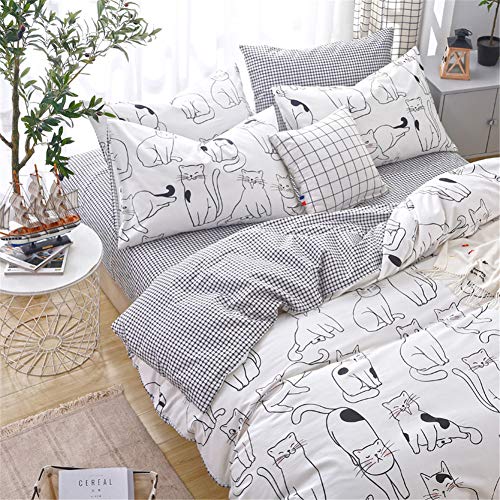 LAYENJOY Cats Duvet Cover Set Twin, 100% Cotton Bedding, Various Cartoon Cats Pattern Printed on White Reversible Black Plaid, Cute Animal Comforter Cover for Kids Teens Boys Girls, No Comforter - Image 4