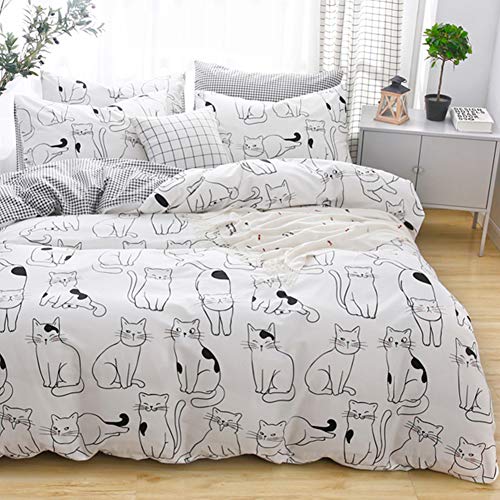LAYENJOY Cats Duvet Cover Set Twin, 100% Cotton Bedding, Various Cartoon Cats Pattern Printed on White Reversible Black Plaid, Cute Animal Comforter Cover for Kids Teens Boys Girls, No Comforter - Image 1
