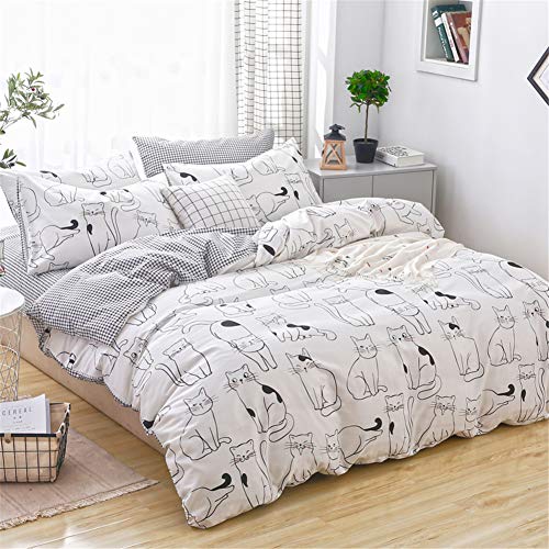 LAYENJOY Cats Duvet Cover Set Twin, 100% Cotton Bedding, Various Cartoon Cats Pattern Printed on White Reversible Black Plaid, Cute Animal Comforter Cover for Kids Teens Boys Girls, No Comforter - Image 2