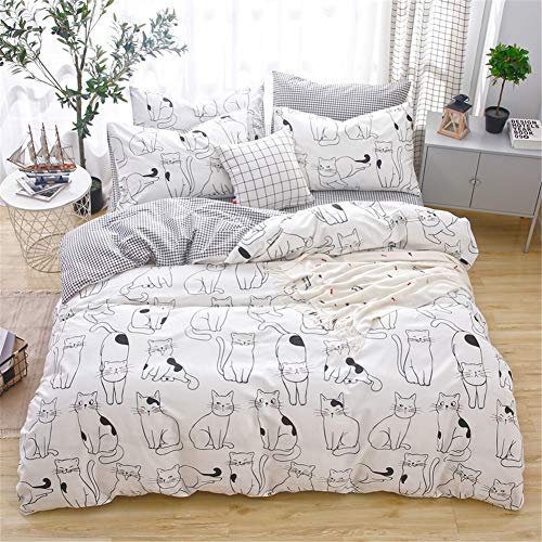 LAYENJOY Cats Duvet Cover Set Twin, 100% Cotton Bedding, Various Cartoon Cats Pattern Printed on White Reversible Black Plaid, Cute Animal Comforter Cover for Kids Teens Boys Girls, No Comforter - Image 3