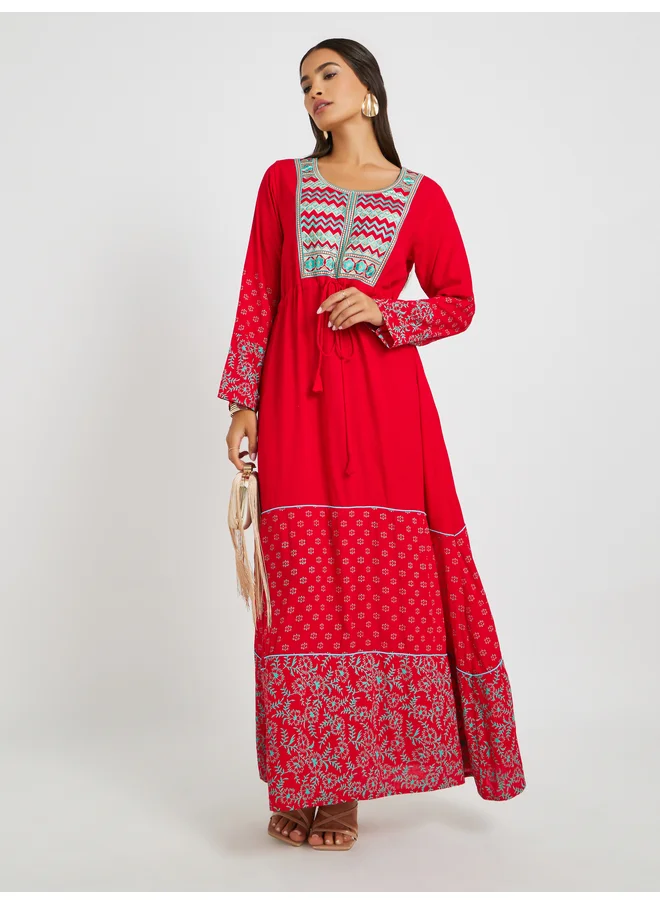 Maxim Creation Maxim Creation Block Print Round Neck Jalabiya with Embroidered Yoke