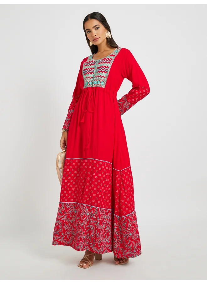 Maxim Creation Maxim Creation Block Print Round Neck Jalabiya with Embroidered Yoke
