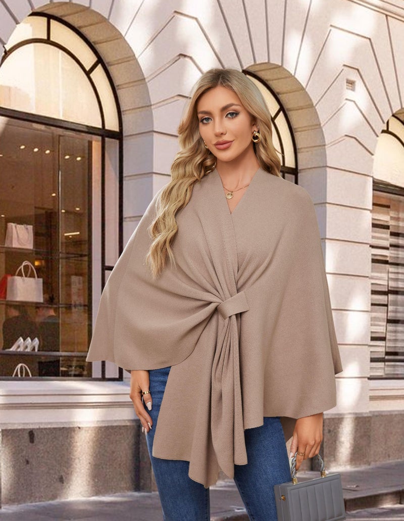 PULI Women's Elegant Shawl Wraps Soft Open Front Poncho Sweater for Spring Fall Winter tan - Image 3