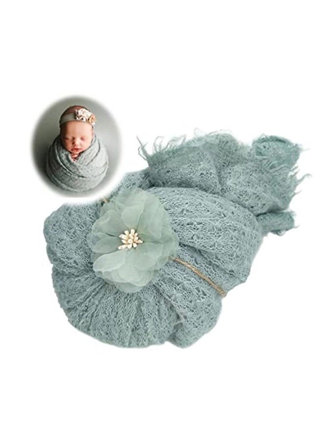 Honra 2Pcs Props for Newborn Photoshoot Mohair Wrap Headband Baby Photo Posing Photography Knit Textured Stretchy (Wrap only, Green) - Image 1