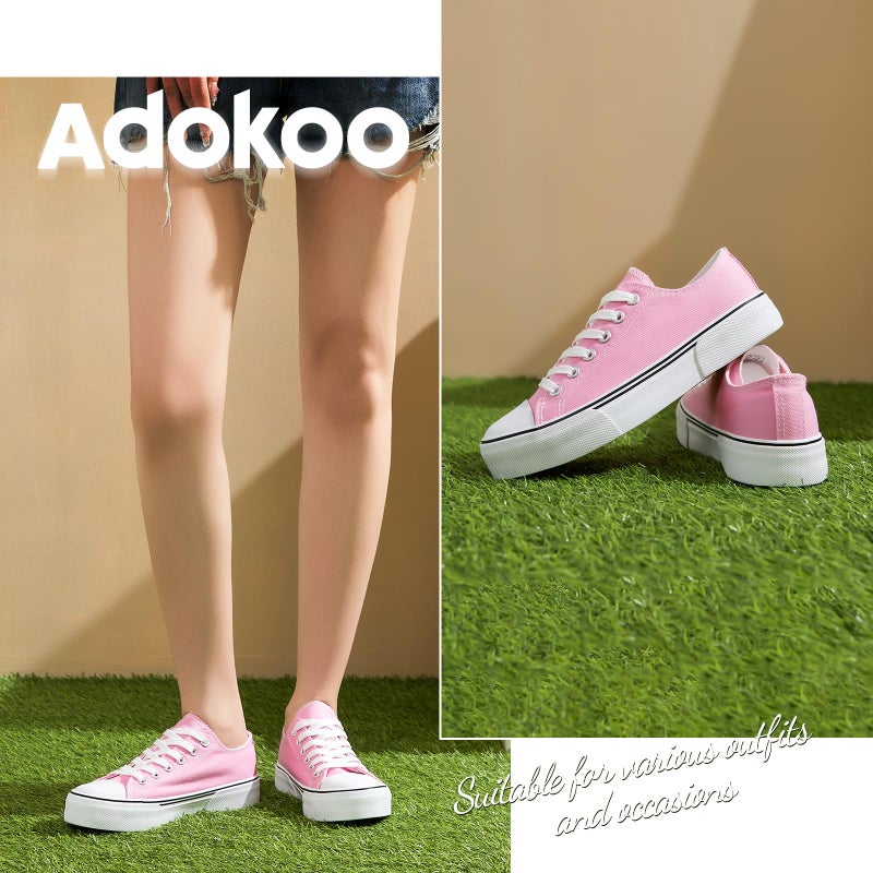 Adokoo Canvas Tennis Shoes for Women Low Top Casual White Bright Pink Sneakers for Women Lace Up Fashion Comfortable Walking Shoes (Bright Pink,8) - Image 4