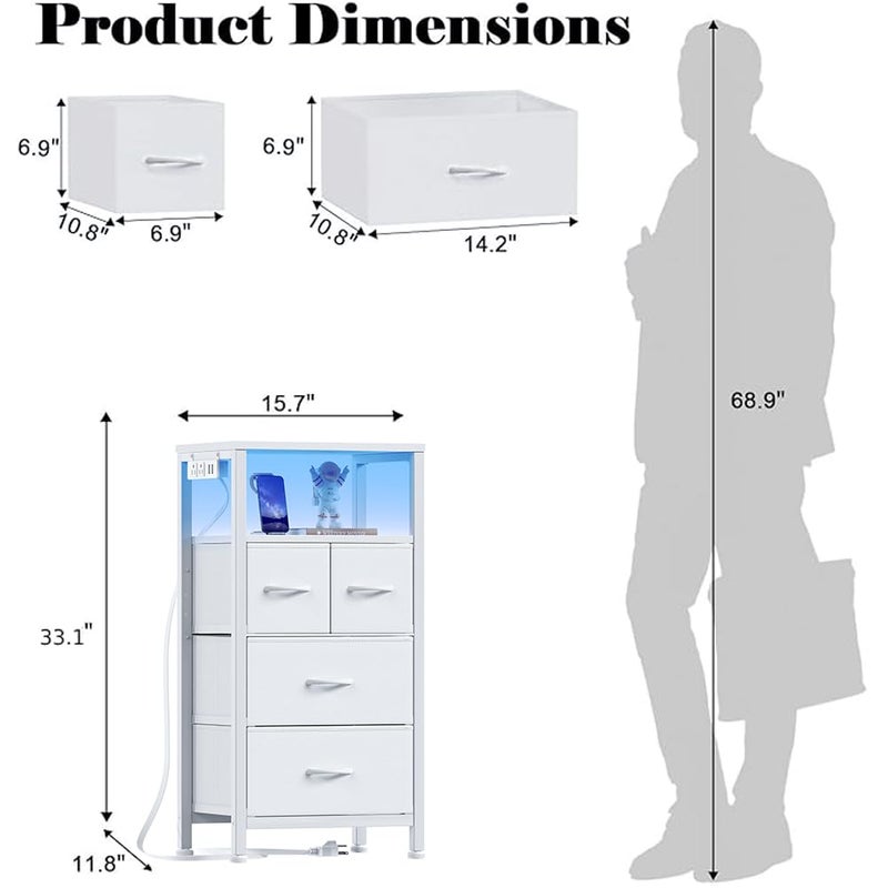 Furnulem 4 Drawer Dresser with Led Light and Charging Station, White Night Stand with Storage Shelf and Fabric & PVC Drawer, 33 Inch Bedside Table, Tall Nightstand for Entryway, Bedroom Furniture - Image 3