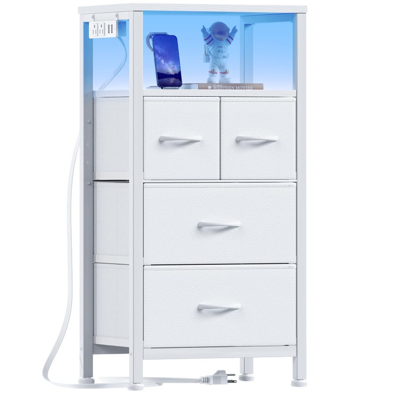 Furnulem 4 Drawer Dresser with Led Light and Charging Station, White Night Stand with Storage Shelf and Fabric & PVC Drawer, 33 Inch Bedside Table, Tall Nightstand for Entryway, Bedroom Furniture - Image 1