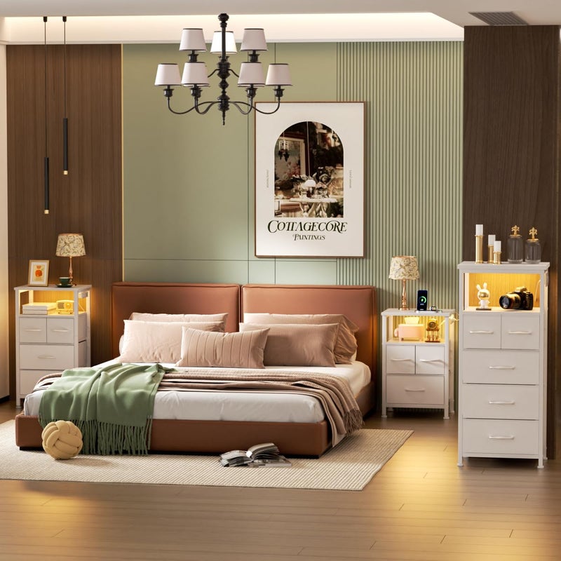 Furnulem 4 Drawer Dresser with Led Light and Charging Station, White Night Stand with Storage Shelf and Fabric & PVC Drawer, 33 Inch Bedside Table, Tall Nightstand for Entryway, Bedroom Furniture - Image 5