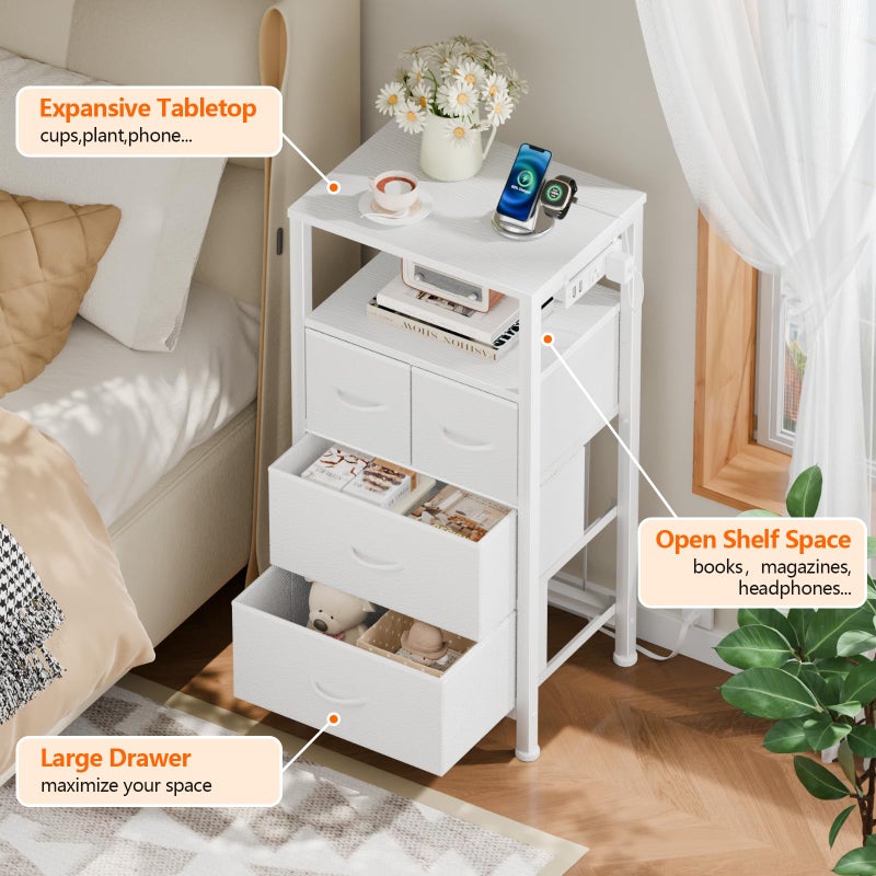 Furnulem 4 Drawer Dresser with Led Light and Charging Station, White Night Stand with Storage Shelf and Fabric & PVC Drawer, 33 Inch Bedside Table, Tall Nightstand for Entryway, Bedroom Furniture - Image 2