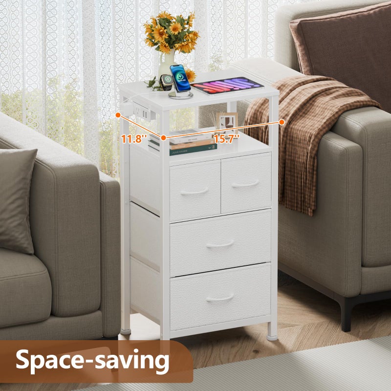 Furnulem 4 Drawer Dresser with Led Light and Charging Station, White Night Stand with Storage Shelf and Fabric & PVC Drawer, 33 Inch Bedside Table, Tall Nightstand for Entryway, Bedroom Furniture - Image 4