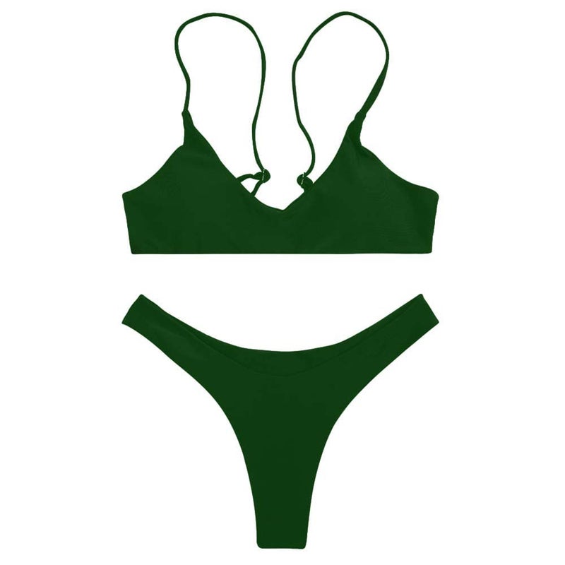 SherryDC Women's Solid Scoop Neck Push up Padded Brazilian Thong Bikini Swimsuit (M, Avocado Green 1) - Image 2