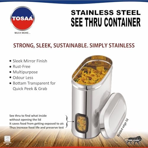 Tosaa Stainless Steel Cover Window Clear Jars for Kitchen Storage Food Spices Canister with Airtight Lid Container Organizer, Tea Coffee & Sugar (2000 Ml) - Image 5