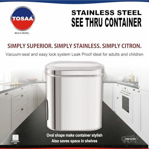 Tosaa Stainless Steel Cover Window Clear Jars for Kitchen Storage Food Spices Canister with Airtight Lid Container Organizer, Tea Coffee & Sugar (2000 Ml) - Image 2