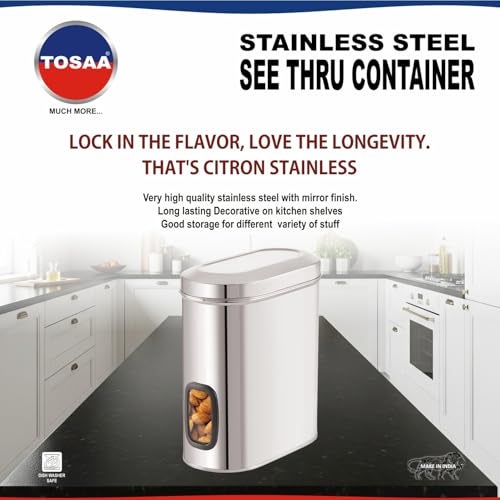 Tosaa Stainless Steel Cover Window Clear Jars for Kitchen Storage Food Spices Canister with Airtight Lid Container Organizer, Tea Coffee & Sugar (2000 Ml) - Image 3