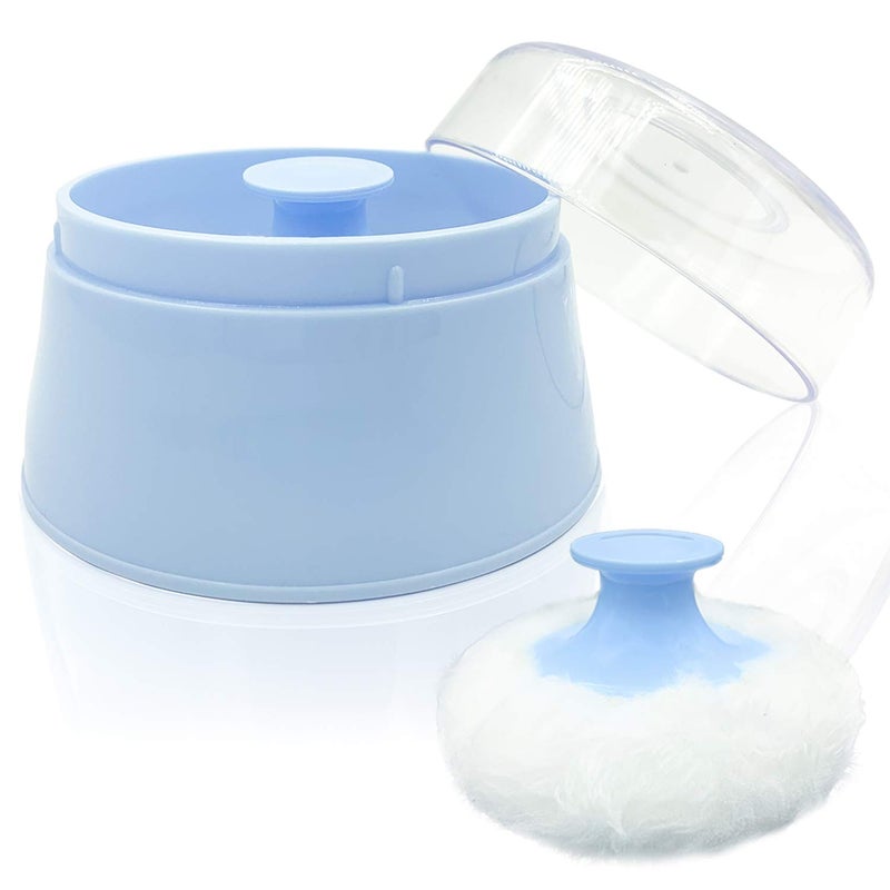 Aurasin BPA Free Baby Powder Puff Box, Large 2.8" Fluffy Body After-Bath Powder Case, Baby Care Face/Body Villus Powder Puff Container, Makeup Cosmetic Talcum Powder Container with Hand Holder (Blue) - Image 1