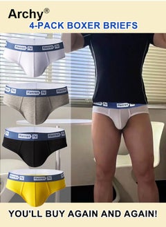Archy 4 Pack Men's Underpants Thin Mid Waist Boxers Letter Print Soft Breathable Elastic Waistband Men Briefs Multicolor Set Panties Men's Trendy Summer Soft Elastic Belt Underwear  - Image 1