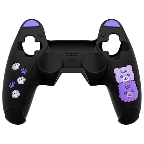 PlayVital Cute Bear Controller Silicone Case for ps5 Kawaii Controller Cover Compatible with Charging Station Gamepad Skin Protector for ps5 with Touch Pad Sticker Thumb Grips Black Purple - Image 3