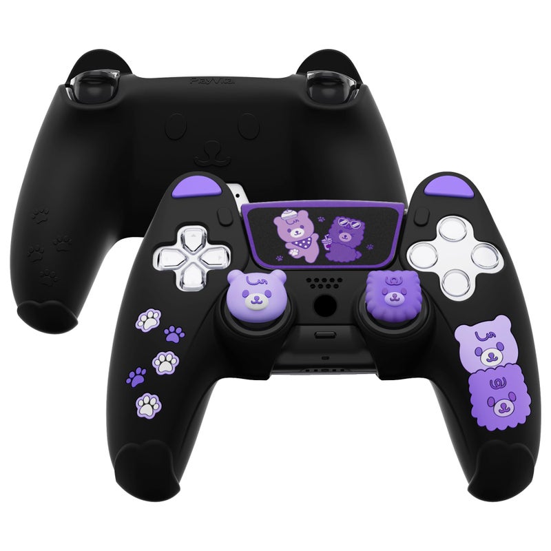 PlayVital Cute Bear Controller Silicone Case for ps5 Kawaii Controller Cover Compatible with Charging Station Gamepad Skin Protector for ps5 with Touch Pad Sticker Thumb Grips Black Purple - Image 2