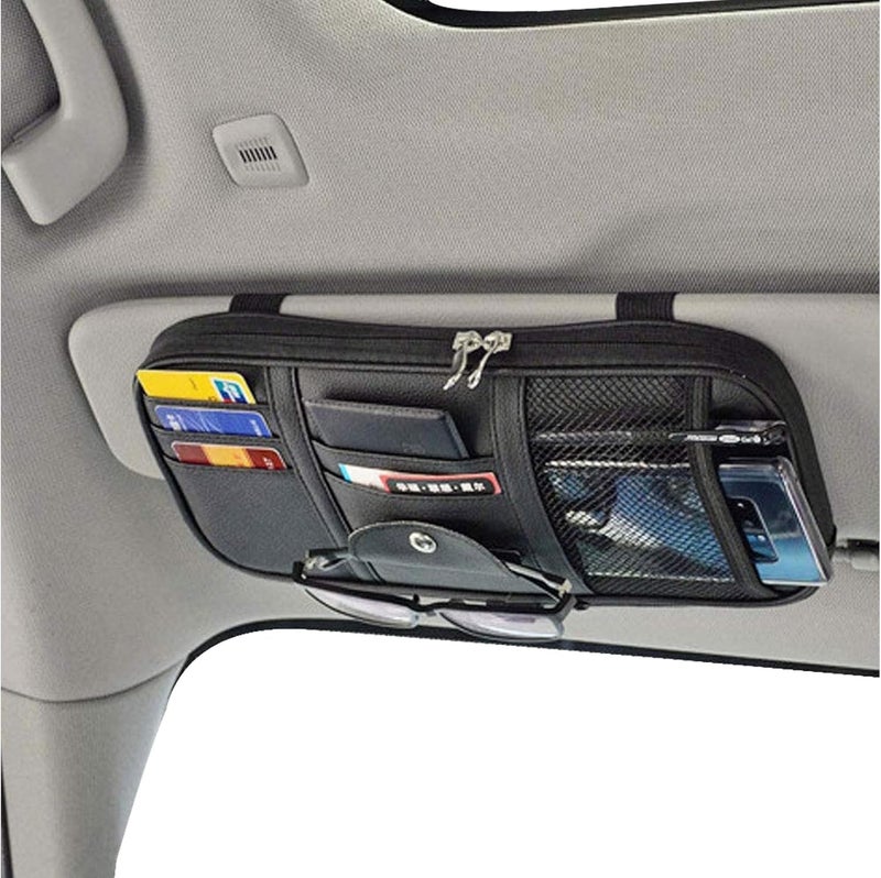 Da by Car Sun Visor Organizer, Multi-Pocket Visor Organizer Storage Pouch for Cars, SUVs & Trucks with Double Zippers, Elastic Bands & Glasses Clip - Organizes Essentials Keep Tidy (Black) - Image 1