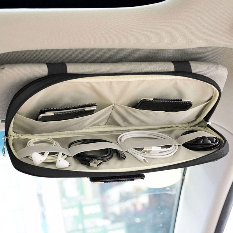 Da by Car Sun Visor Organizer, Multi-Pocket Visor Organizer Storage Pouch for Cars, SUVs & Trucks with Double Zippers, Elastic Bands & Glasses Clip - Organizes Essentials Keep Tidy (Black) - Image 2