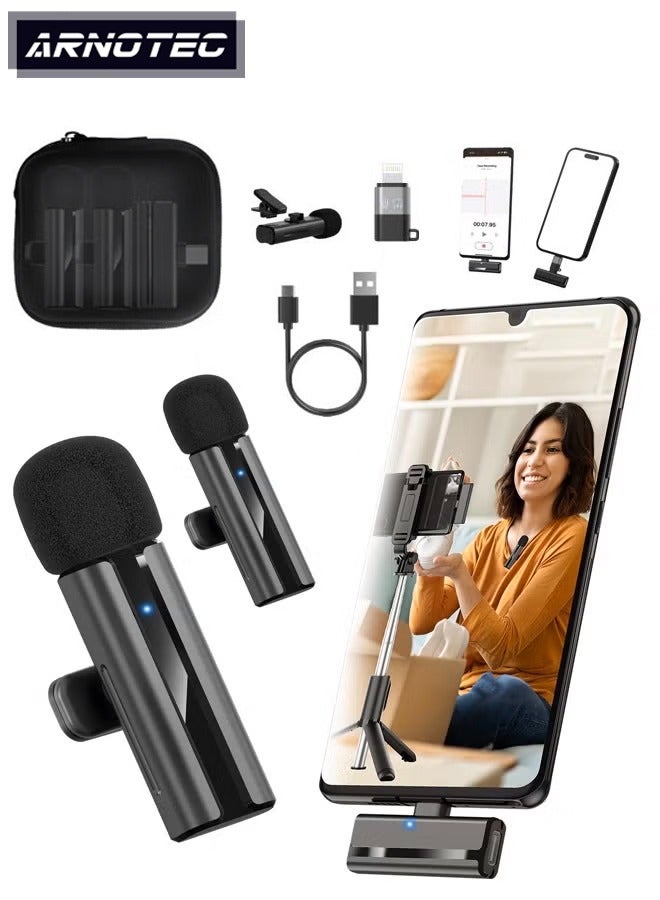 ARNOTEC Wireless 2-in-1 Lavalier Microphone – Dual Wireless Clip-on Mic with Noise Reduction, Reverb Effect, Plug & Play, Compatible with iPhone, Android (Type-C & Lightning), Video Recording, Live Streaming, Interviews - Image 1