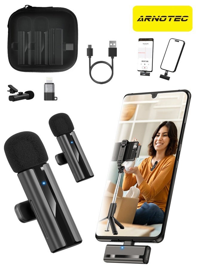 ARNOTEC Wireless 2-in-1 Lavalier Microphone – Dual Wireless Clip-on Mic with Noise Reduction, Reverb Effect, Plug & Play, Compatible with iPhone, Android (Type-C & Lightning), Video Recording, Live Streaming, Interviews  - Image 1