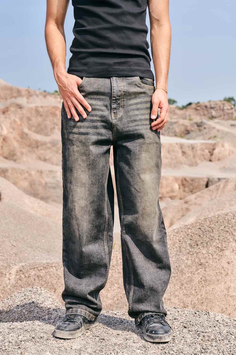 بونكرس كُرنر Faded Grey Baggy Fit Jeans for Men's - Image 1