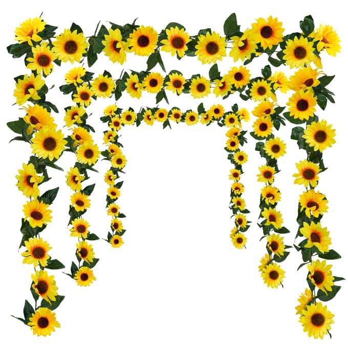 3 PACK ARTIFICIAL SUNFLOWER GARLAND 75FTSTRAND SILK SUNFLOWERS HANGING VINES FLOWERS WITH GREEN LEAVES FOR ROOM KITCHEN GARDEN BIRTHDAY WEDDING BABY SHOWER PARTY TABLE DECOR LARGE