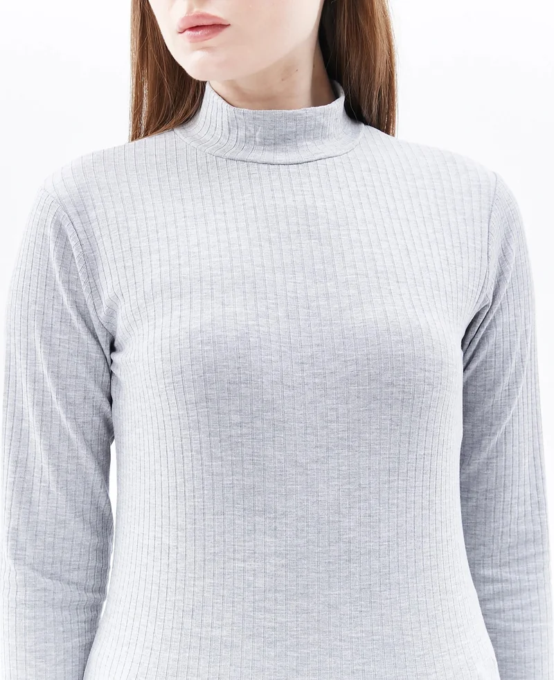 Defy's Women's Stand Collar Long Sleeve T-Shirt Grey Melange
