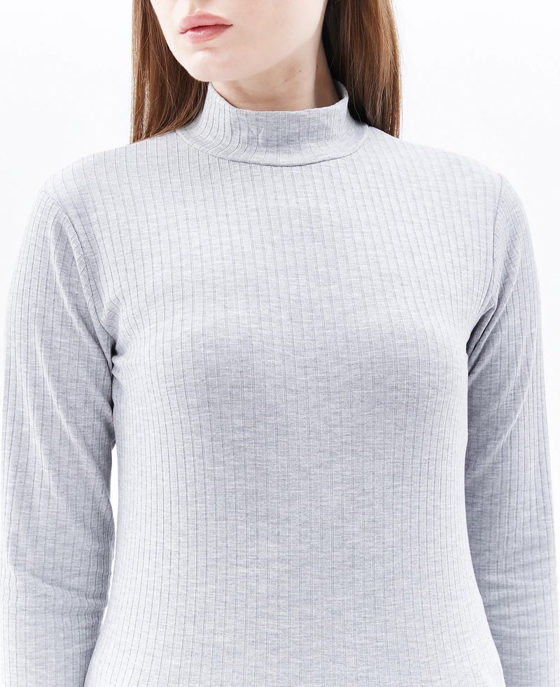 Defy's Women's Stand Collar Long Sleeve T-Shirt Grey Melange  - Image 3