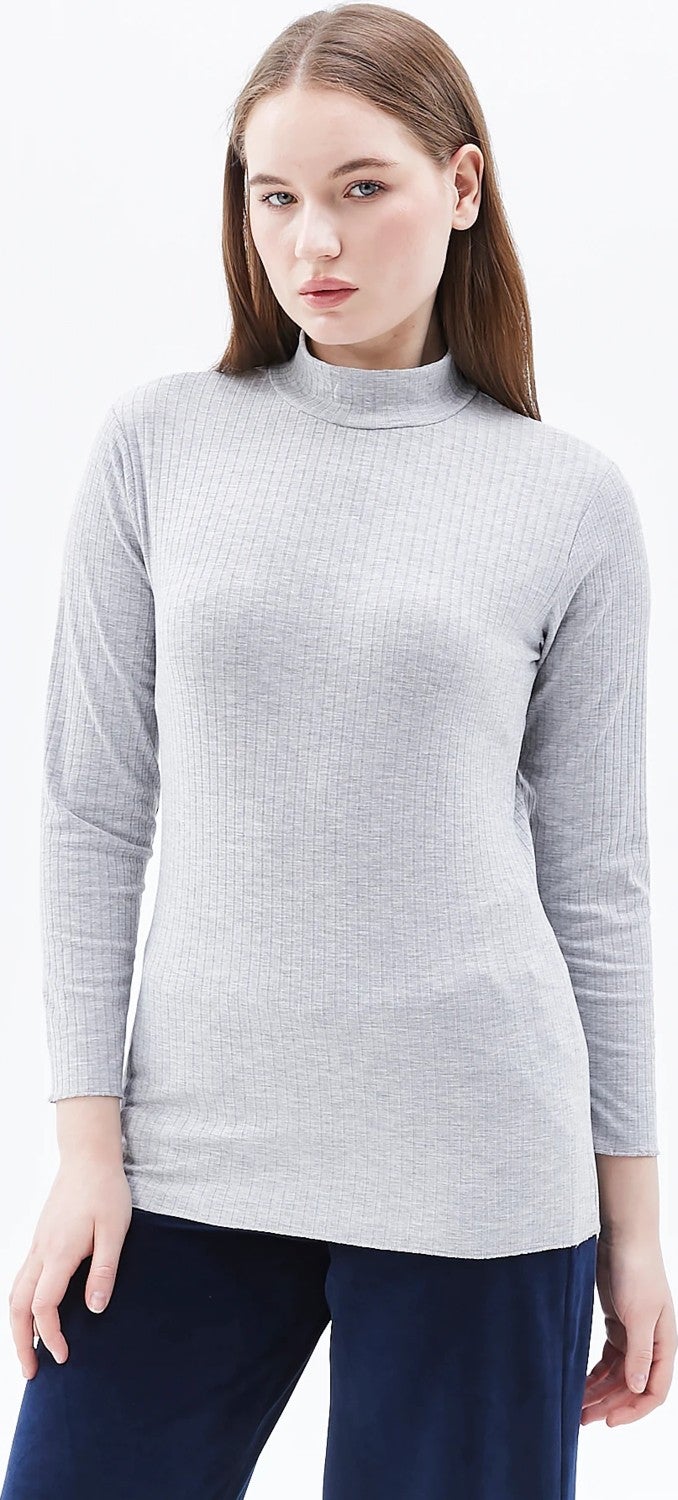 Defy's Women's Stand Collar Long Sleeve T-Shirt Grey Melange  - Image 1