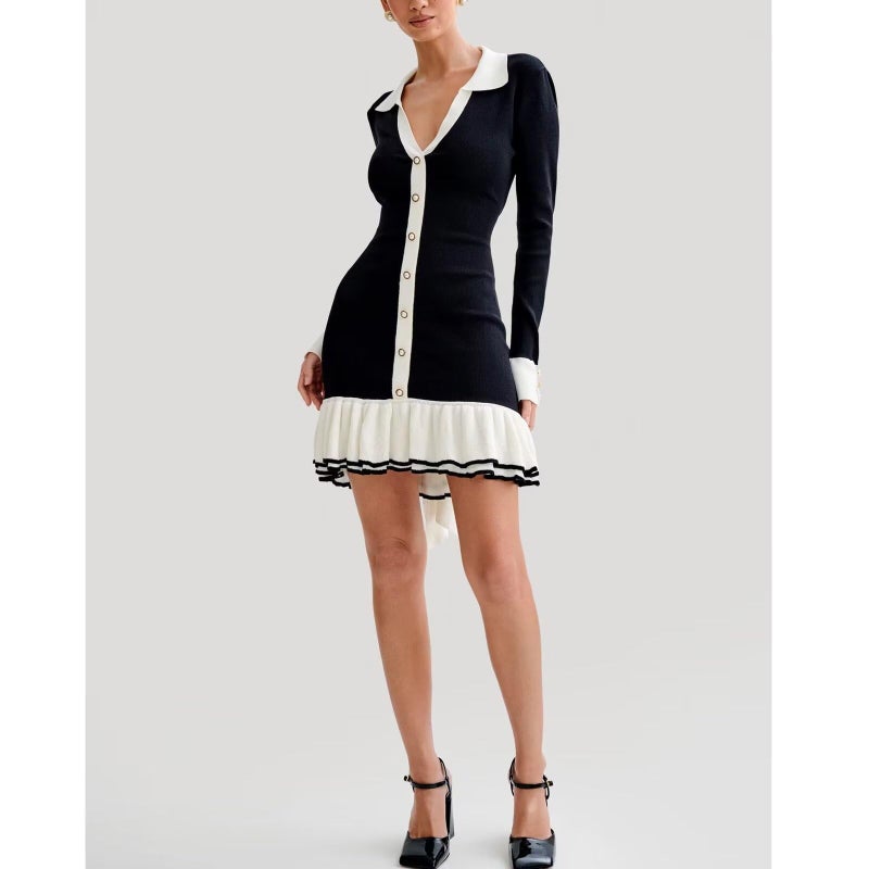 Sheface Women's Long Sleeve Ruffle Hem Knit Sweater Dress Collared Back Tie Knot Cut Out Mini Bodycon Dress Black - Image 3