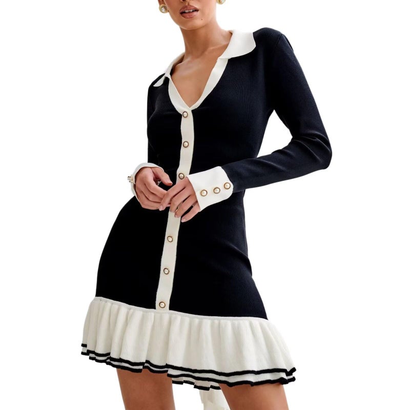 Sheface Women's Long Sleeve Ruffle Hem Knit Sweater Dress Collared Back Tie Knot Cut Out Mini Bodycon Dress Black - Image 1