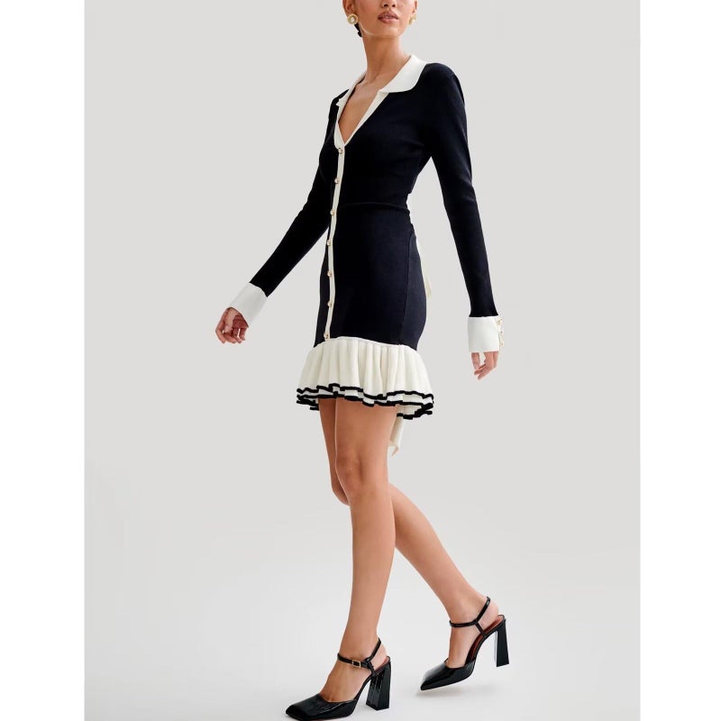 Sheface Women's Long Sleeve Ruffle Hem Knit Sweater Dress Collared Back Tie Knot Cut Out Mini Bodycon Dress Black - Image 4
