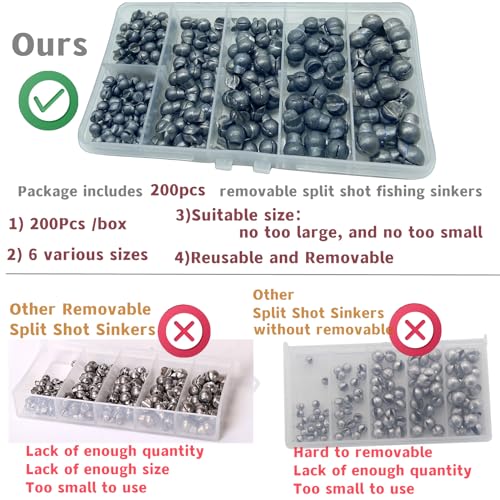 DAMIDEL 200Pcs/Box Big Size Removable Split Shot Fishing Sinkers(1/7oz,1/9oz,1/10oz,4/50oz,1/25oz,1/50oz Mixed)，Adjust Open Mouth Design Fishing Weights Clip for Freshwater Saltwater - Image 3