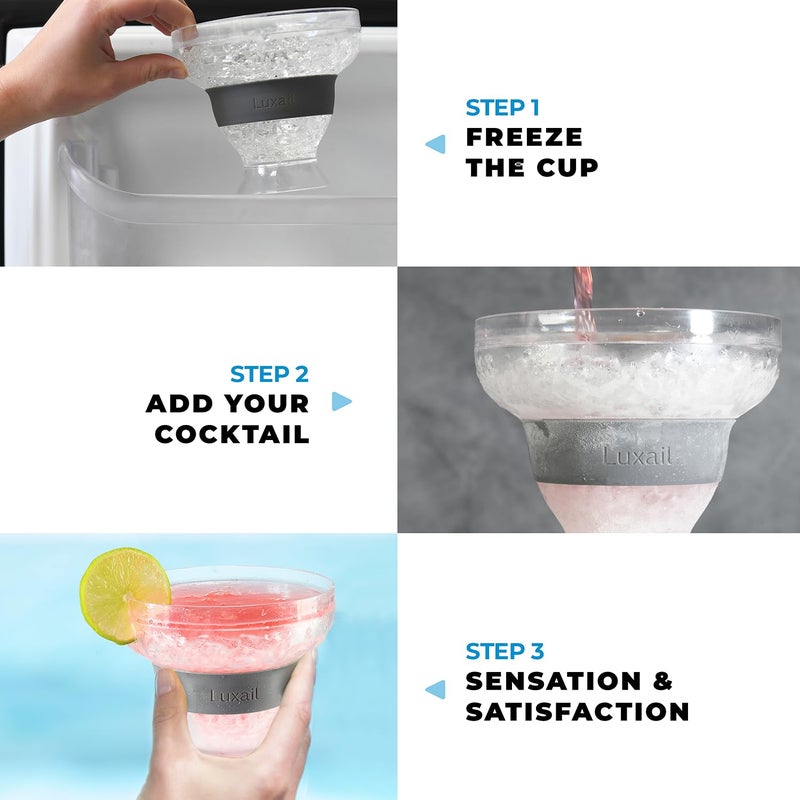 luxail نظارات Luxail Margarita نظارات Margarita البلاستيكية بجدار مزدوج معزول بدون ساق، أكواب تبريد بالتجميد مع مبرد جل، مجموعة مكونة من 2 هدايا مارغريتا باللون الرمادي بسعة 12 أونصة - Image 5