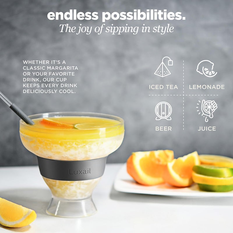 luxail نظارات Luxail Margarita نظارات Margarita البلاستيكية بجدار مزدوج معزول بدون ساق، أكواب تبريد بالتجميد مع مبرد جل، مجموعة مكونة من 2 هدايا مارغريتا باللون الرمادي بسعة 12 أونصة - Image 3