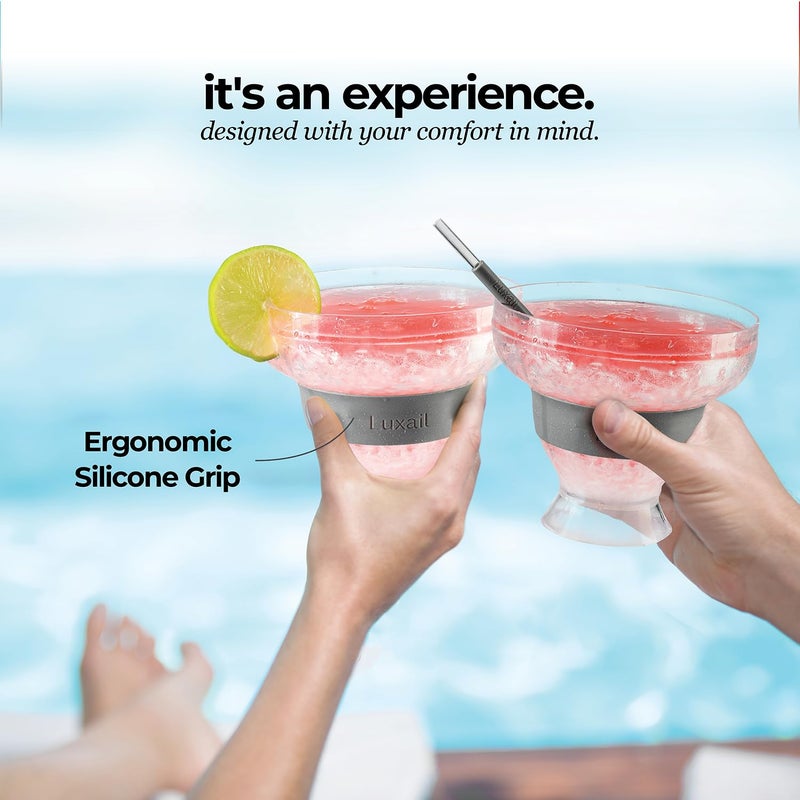 luxail نظارات Luxail Margarita نظارات Margarita البلاستيكية بجدار مزدوج معزول بدون ساق، أكواب تبريد بالتجميد مع مبرد جل، مجموعة مكونة من 2 هدايا مارغريتا باللون الرمادي بسعة 12 أونصة - Image 4